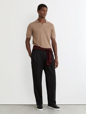 Reiss Merino Wool Open Collar Polo Shirt in Camel Brown